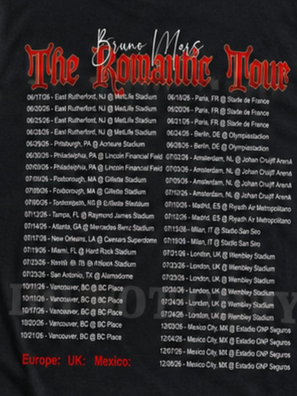 Bruno Mars The Romantic Tour 2026 Double Sided Concert Graphic T-Shirt S-5XL - Picture 3 of 3